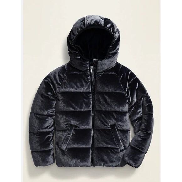 Old Navy Black Velvet Lined Hooded Full Zip Up Girls’ Puffer Jacket Size M 8 - Picture 1 of 6